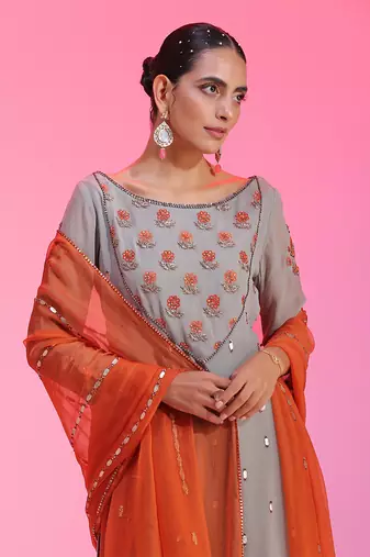 Resham And Gotta Grey Orange Sharara Set