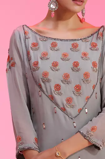 Resham And Gotta Grey Orange Sharara Set
