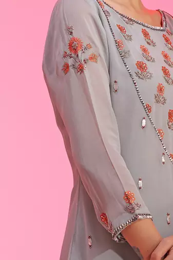 Resham And Gotta Grey Orange Sharara Set