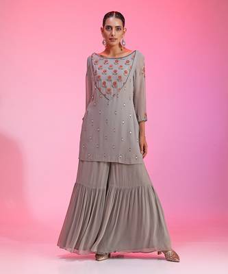 Resham And Gotta Grey Orange Sharara Set 6