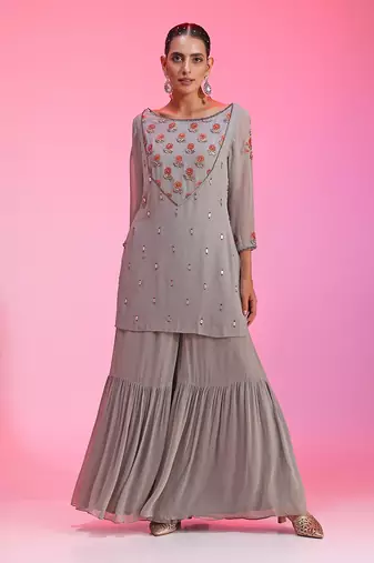 Resham And Gotta Grey Orange Sharara Set