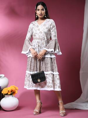 Growish Brown Foil Printed Midi Style Dress 1