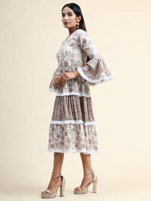 Growish Brown Foil Printed Midi Style Dress 2