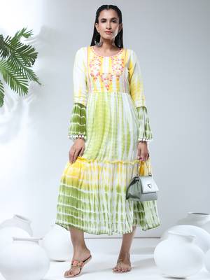 Growish Batik Print with Flower Work Midi Style Dress 1