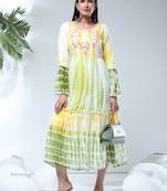 Growish Batik Print with Flower Work Midi Style Dress