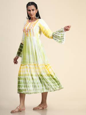 Growish Batik Print with Flower Work Midi Style Dress 2