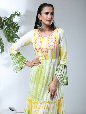 Growish Batik Print with Flower Work Midi Style Dress 3