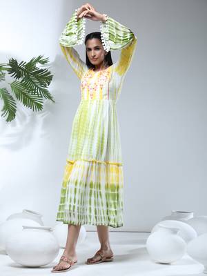 Growish Batik Print with Flower Work Midi Style Dress 5