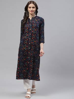 KIPEK Womens Rayon Straight Kurta (Navy Blue) 1