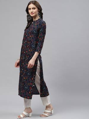 KIPEK Womens Rayon Straight Kurta (Navy Blue) 3