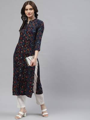KIPEK Womens Rayon Straight Kurta (Navy Blue) 4