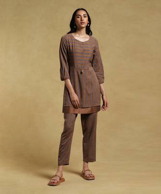Brown Striped Kurta With Pant by RITU KUMAR 1