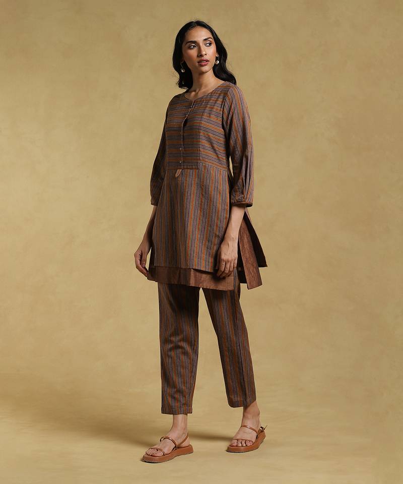 Brown Striped Kurta With Pant by RITU KUMAR