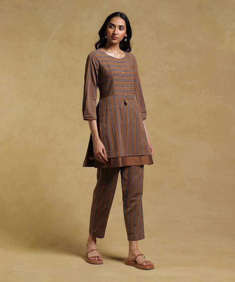Brown Striped Kurta With Pant by RITU KUMAR