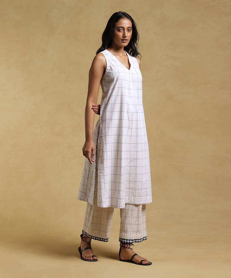 White Checkered Kurta With Palazzo by RITU KUMAR