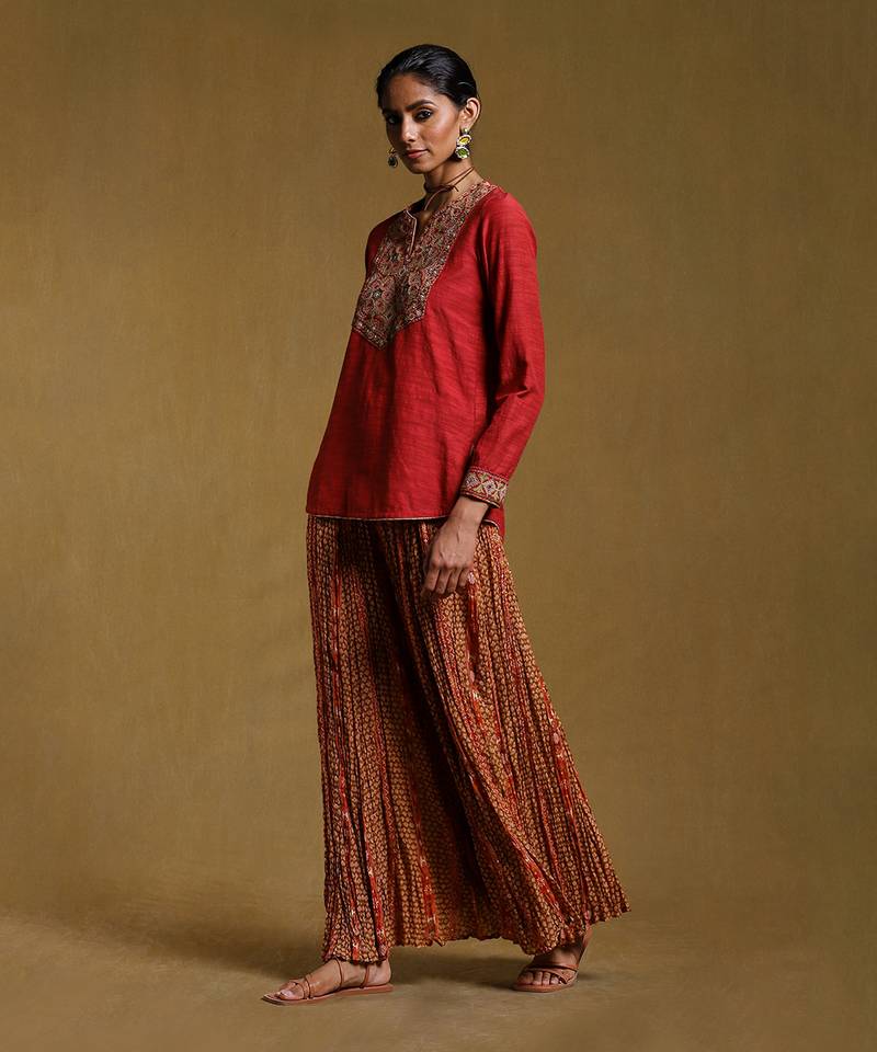 Red Viscose Embroidered Palazzo Co-ord Set