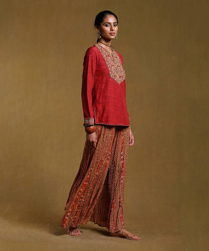 Red Viscose Embroidered Palazzo Co-ord Set