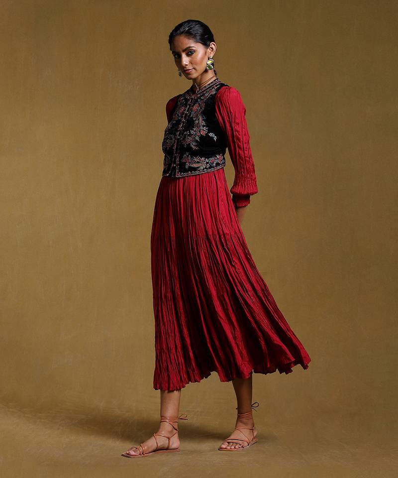 Burgundy Crinkled Dress with Embroidered Jacket by RITU KUMAR