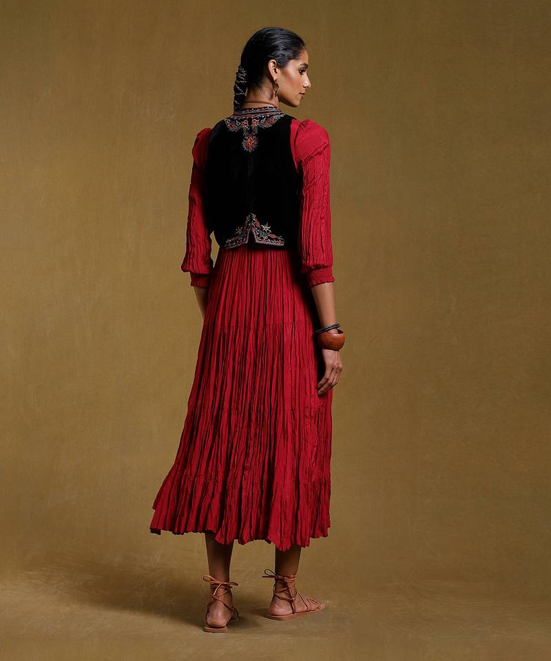 Burgundy Crinkled Dress with Embroidered Jacket by RITU KUMAR