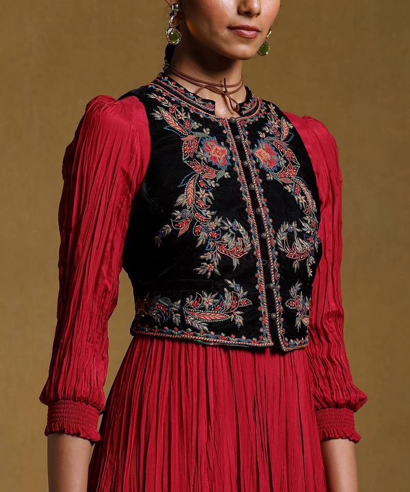 Burgundy Crinkled Dress with Embroidered Jacket by RITU KUMAR