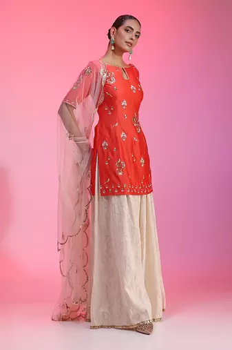 Zardozi Muquaish Coral Sharara Set