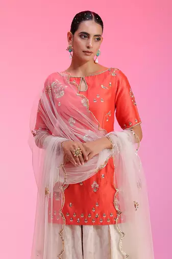 Zardozi Muquaish Coral Sharara Set