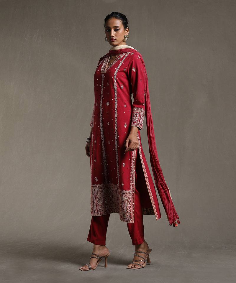 Maroon Embroidered Kurta With Pant And Dupatta by RITU KUMAR
