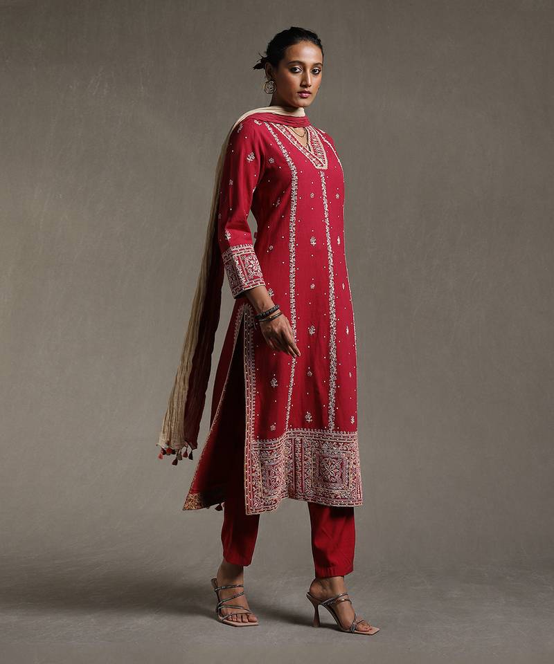 Maroon Embroidered Kurta With Pant And Dupatta by RITU KUMAR