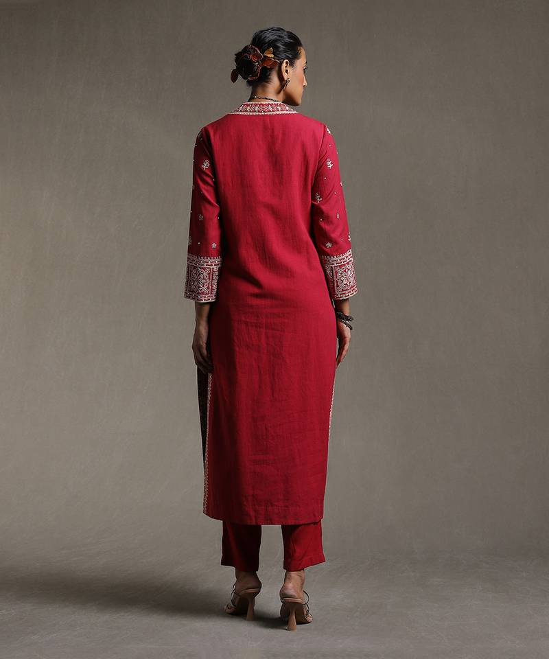 Maroon Embroidered Kurta With Pant And Dupatta by RITU KUMAR