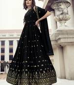 BLACK THREAD AND SEQUINCE EMBROIDERED WORK GEORGETTE ANARKALI LONG SALWAR SUIT DUPATTA GOWN SEMI STITCHED