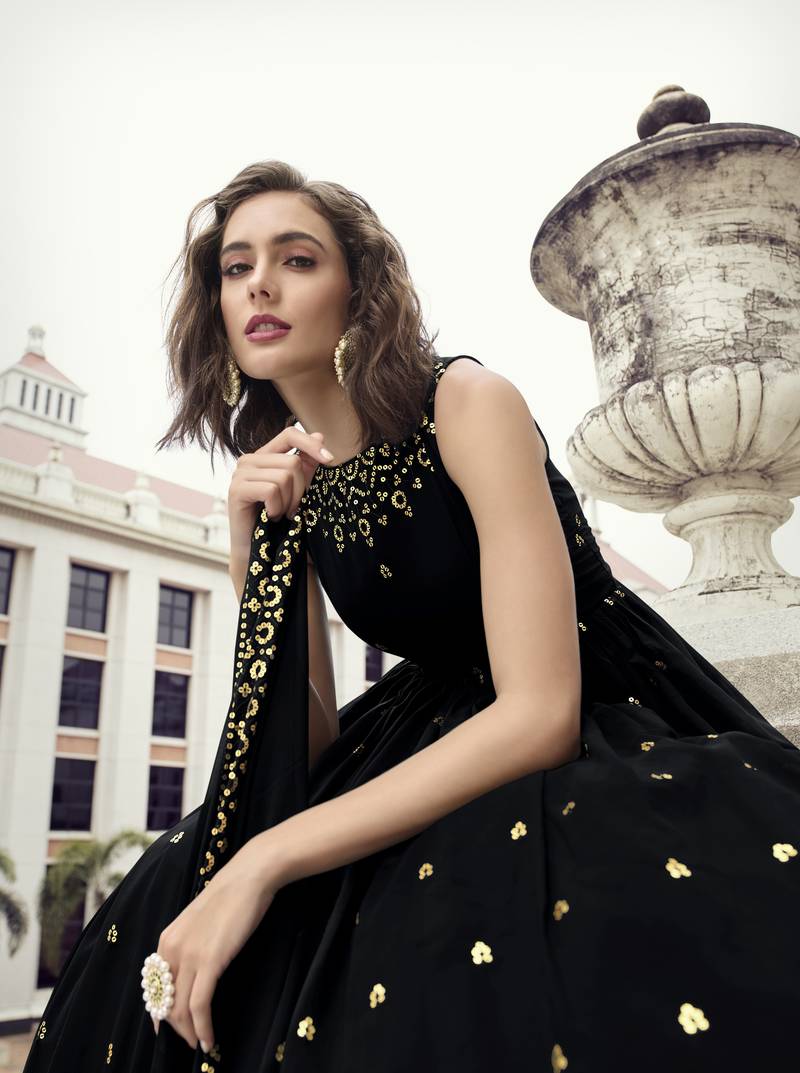 BLACK THREAD AND SEQUINCE EMBROIDERED WORK GEORGETTE ANARKALI LONG SALWAR SUIT DUPATTA GOWN SEMI STITCHED