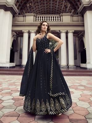 DARK BLUE THREAD AND SEQUINCE EMBROIDERED WORK GEORGETTE ANARKALI LONG SALWAR SUIT DUPATTA GOWN SEMI STITCHED 1