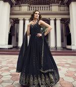 DARK BLUE THREAD AND SEQUINCE EMBROIDERED WORK GEORGETTE ANARKALI LONG SALWAR SUIT DUPATTA GOWN SEMI STITCHED