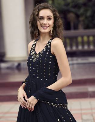 DARK BLUE THREAD AND SEQUINCE EMBROIDERED WORK GEORGETTE ANARKALI LONG SALWAR SUIT DUPATTA GOWN SEMI STITCHED 2