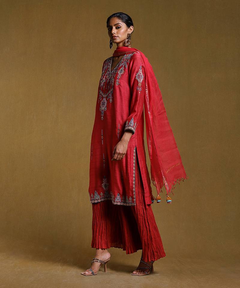 Red Embroidered Kurta Set by RITU KUMAR