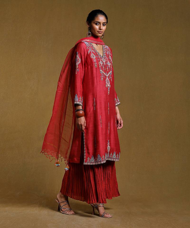 Red Embroidered Kurta Set by RITU KUMAR
