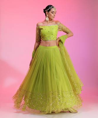 Lime Sequinwork Net Lehenga 1