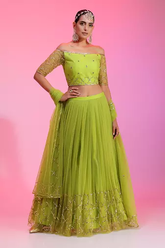 Lime Sequinwork Net Lehenga