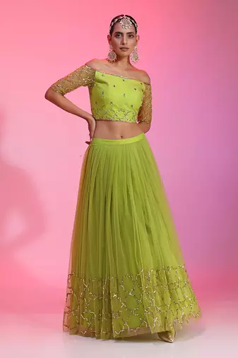 Lime Sequinwork Net Lehenga