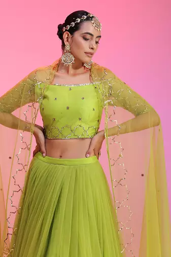 Lime Sequinwork Net Lehenga