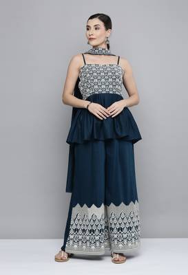 Teal-blue sequins silk blend salwar 1