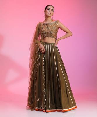 Olive Zari Sequin Resham Lehenga Set  1