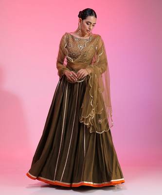 Olive Zari Sequin Resham Lehenga Set  2