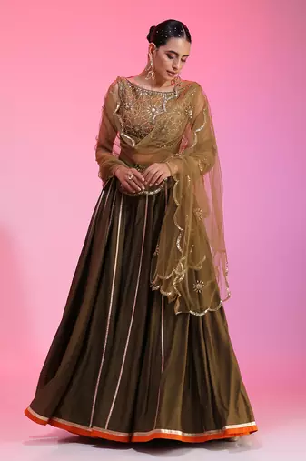 Olive Zari Sequin Resham Lehenga Set 