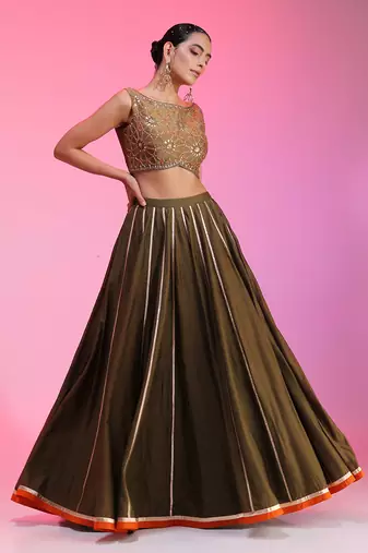 Olive Zari Sequin Resham Lehenga Set 