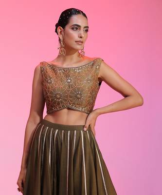 Olive Zari Sequin Resham Lehenga Set  5