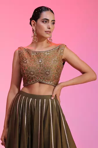 Olive Zari Sequin Resham Lehenga Set 