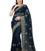 Teal embroidered silk saree with blouse
