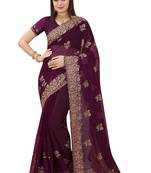 Purple embroidered silk saree with blouse