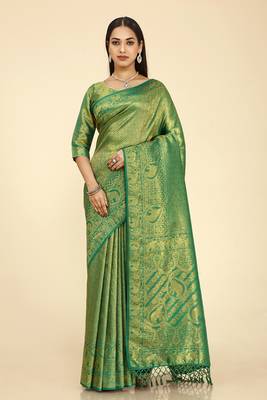 Green woven silk saree with blouse 1